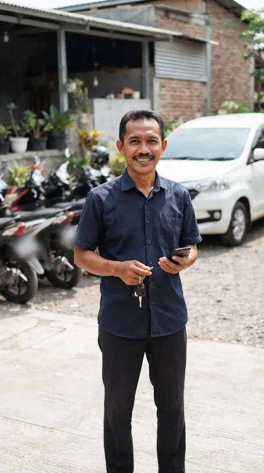 Pemilik rental tersenyum memegang HP dan kunci motor di halaman rental